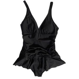 Vintage pinup style black one piece swimsuit ruched tummy swimskirt V front NWT